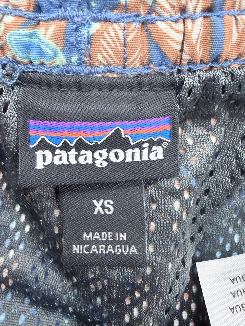 Patagonia Blue and Brown Leaf-Print Swim Trunks